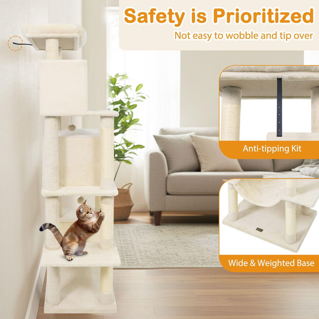 70 Inch Multi-Level Cat Tree with Sisal Scratching Posts and Condos Y50259
