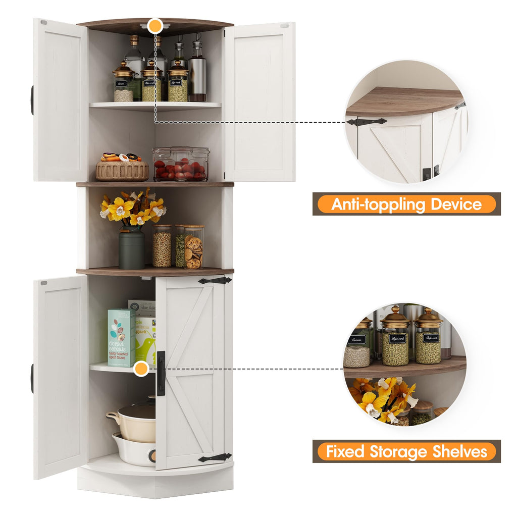 White Tall Corner Storage Cabinet with 4 Doors and 5 Shelves F964471