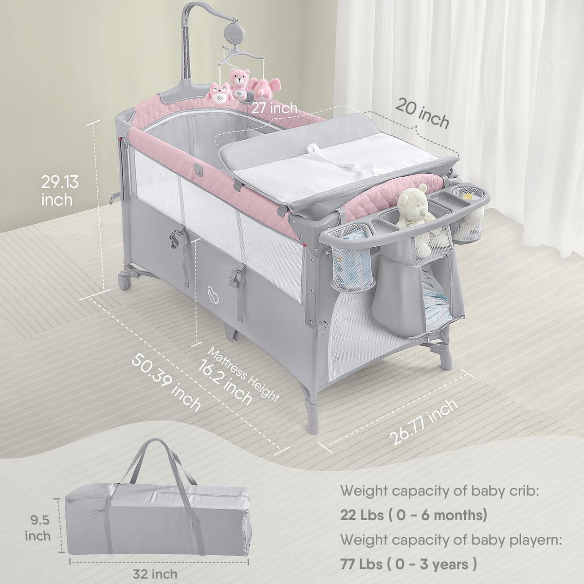 Pink Baby Bassinet Bedside Crib with Mattress E475