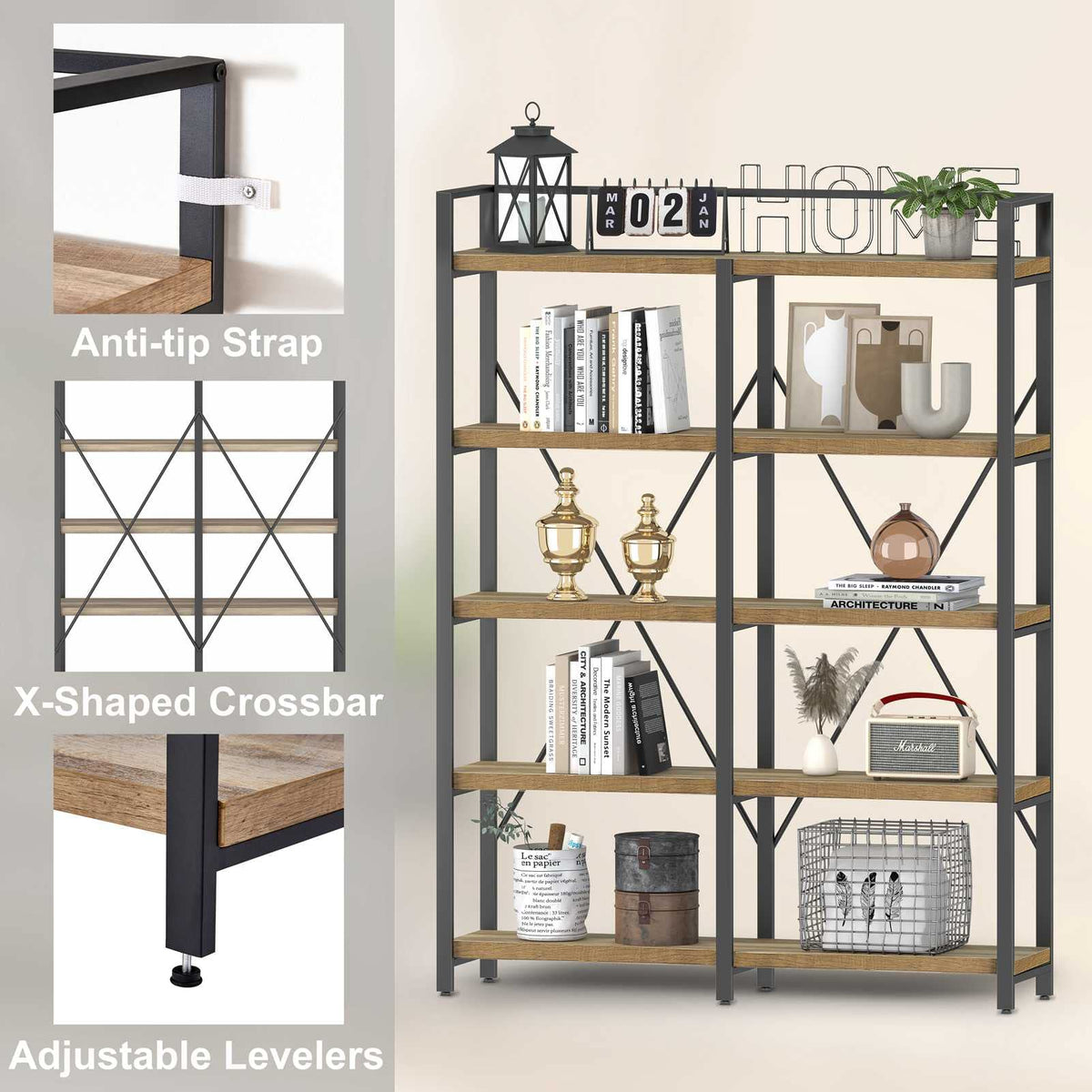 5 Tier Wood and Metal Bookshelf U11981