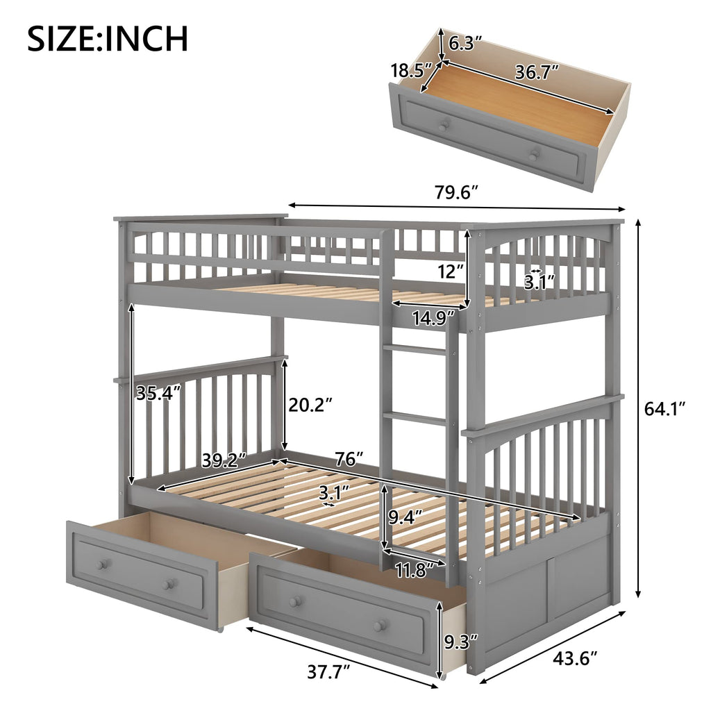 Grey Convertible Wood Twin-Over-Twin Bunk Bed with Storage Drawers and Ladder H770