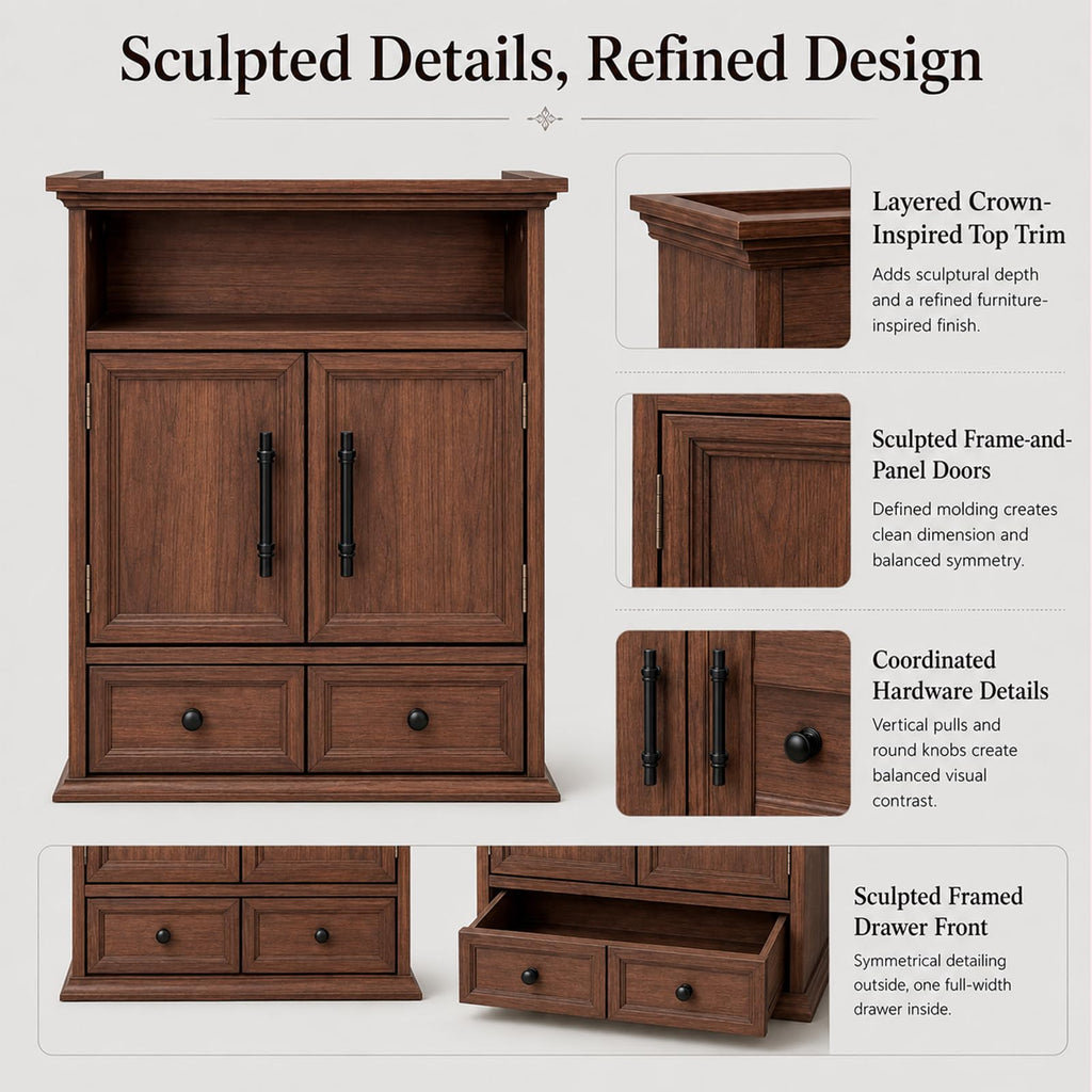 24" Wall Mounted Bathroom Storage Cabinet with Adjustable Shelf, Open Shelf, Double Doors and Drawer, Walnut M3087