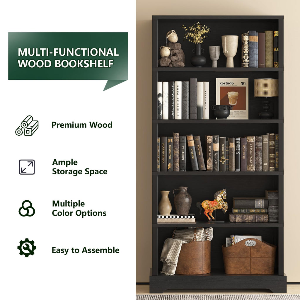 5 Tiers Wooden Bookshelf, 65.2" Tall 31.5" Wide Black O45321