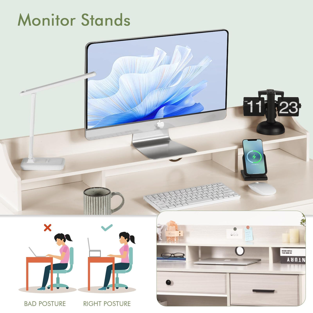 Warm White Wood Computer Desk with Drawers and Hutch J238847