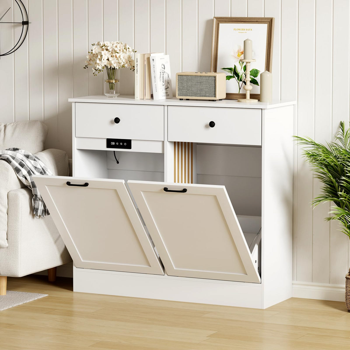 White 20-Gallon Wooden Tilt-Out Trash Can Cabinet G384822
