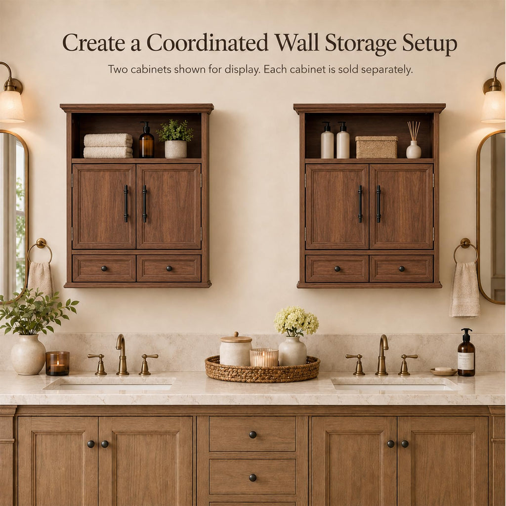 24" Wall Mounted Bathroom Storage Cabinet with Adjustable Shelf, Open Shelf, Double Doors and Drawer, Walnut M3087