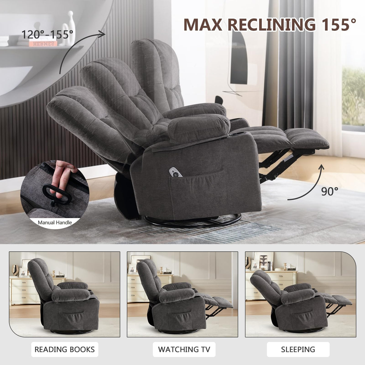 Swivel Rocker Recliner Chair with Massage and Heat K91019