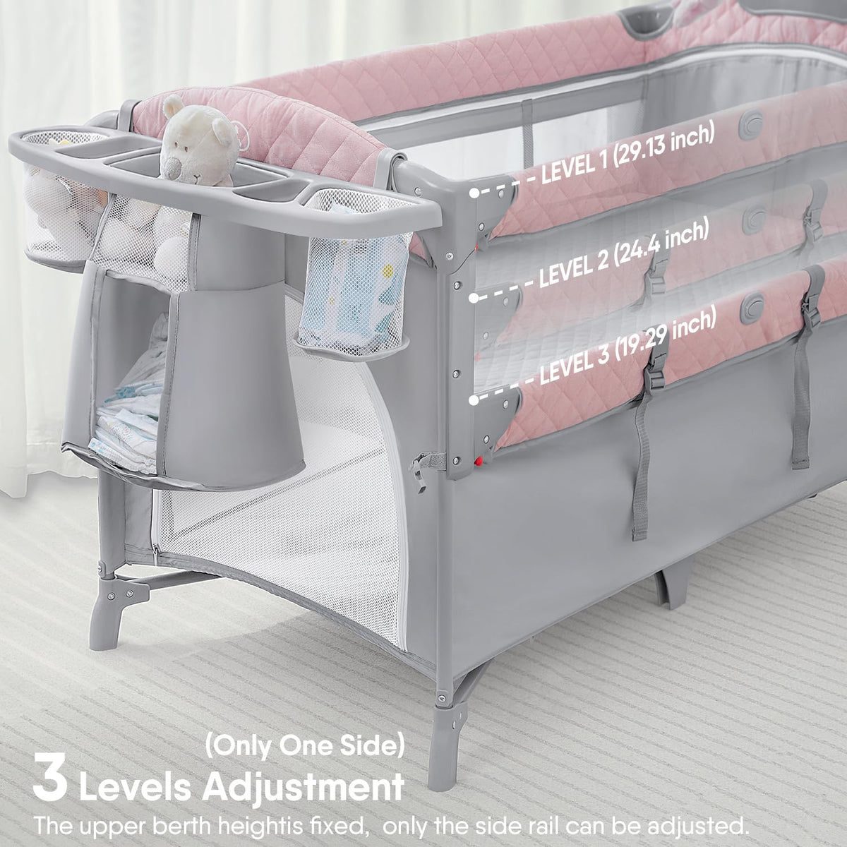 Pink Baby Bassinet Bedside Crib with Mattress E475