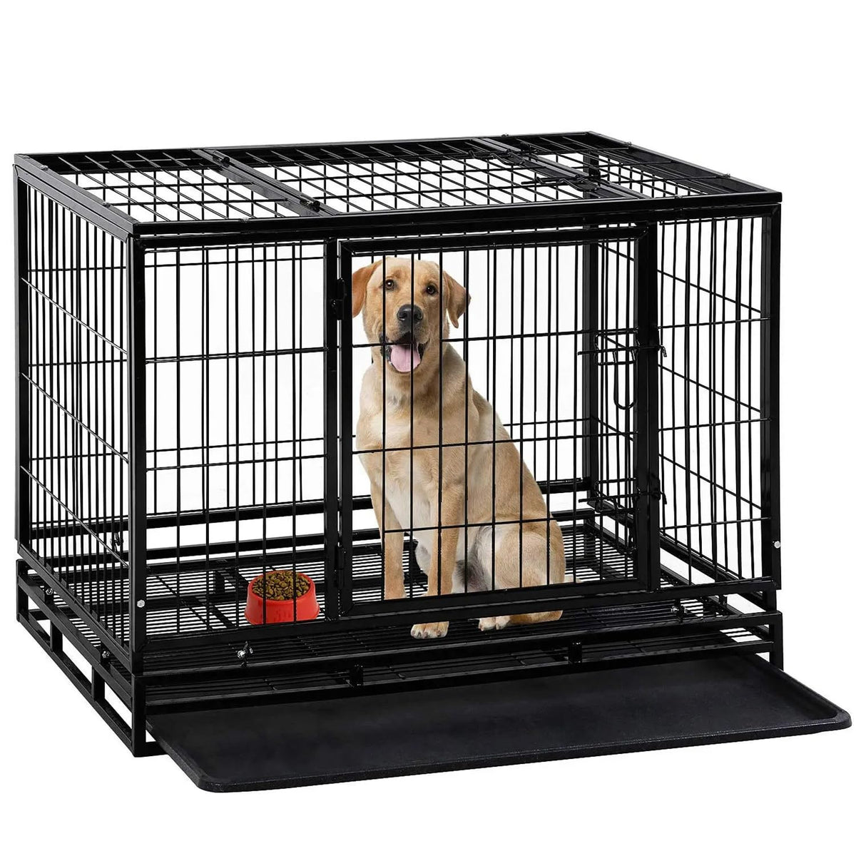 Extra Large Double-Door Heavy Duty Metal Dog Crate (Black, 48 inch) E602