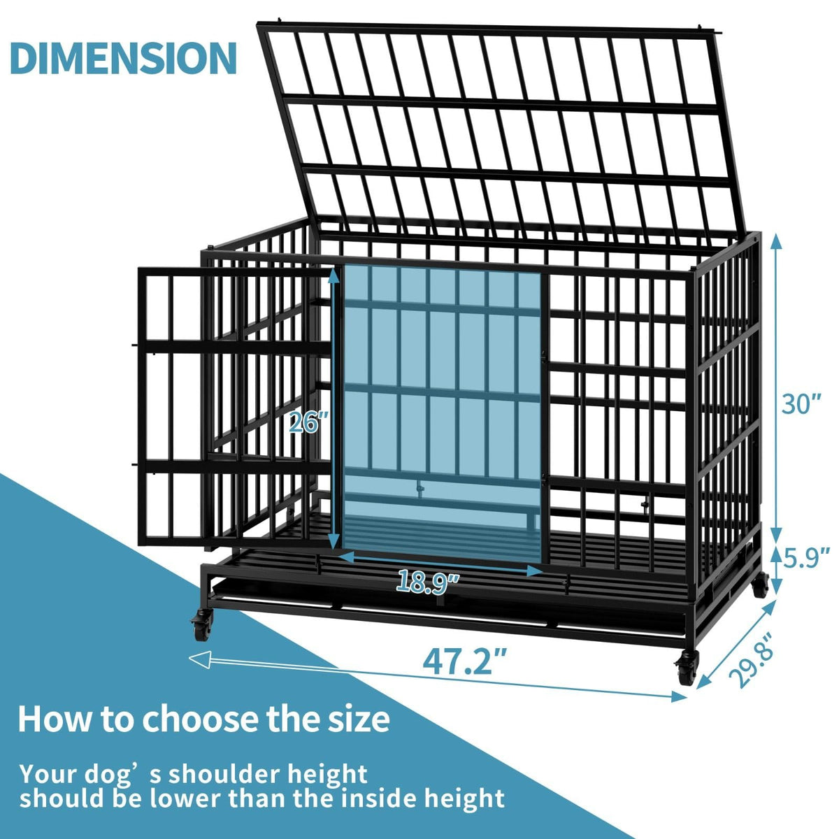 48 Inch Heavy Duty Metal Dog Crate with Wheels L230125