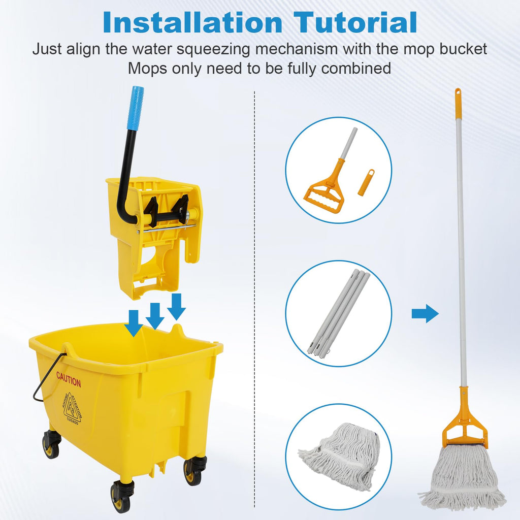 35 Qt Yellow Mop Bucket with Wringer on Wheels and Mops Set A5619