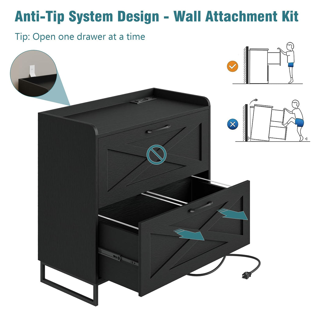 2 Drawer Black File Cabinet with Charging Station C679578
