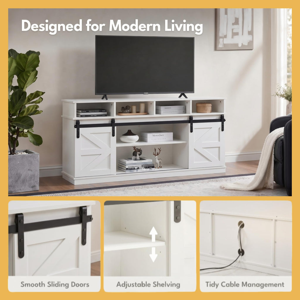 White Farmhouse TV Stand with Sliding Barn Doors C607301