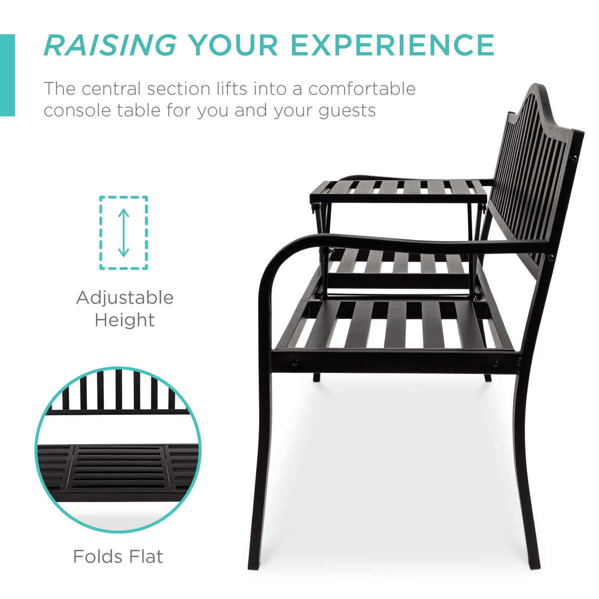Black Steel Outdoor Garden Bench with Pullout Middle Table E28644