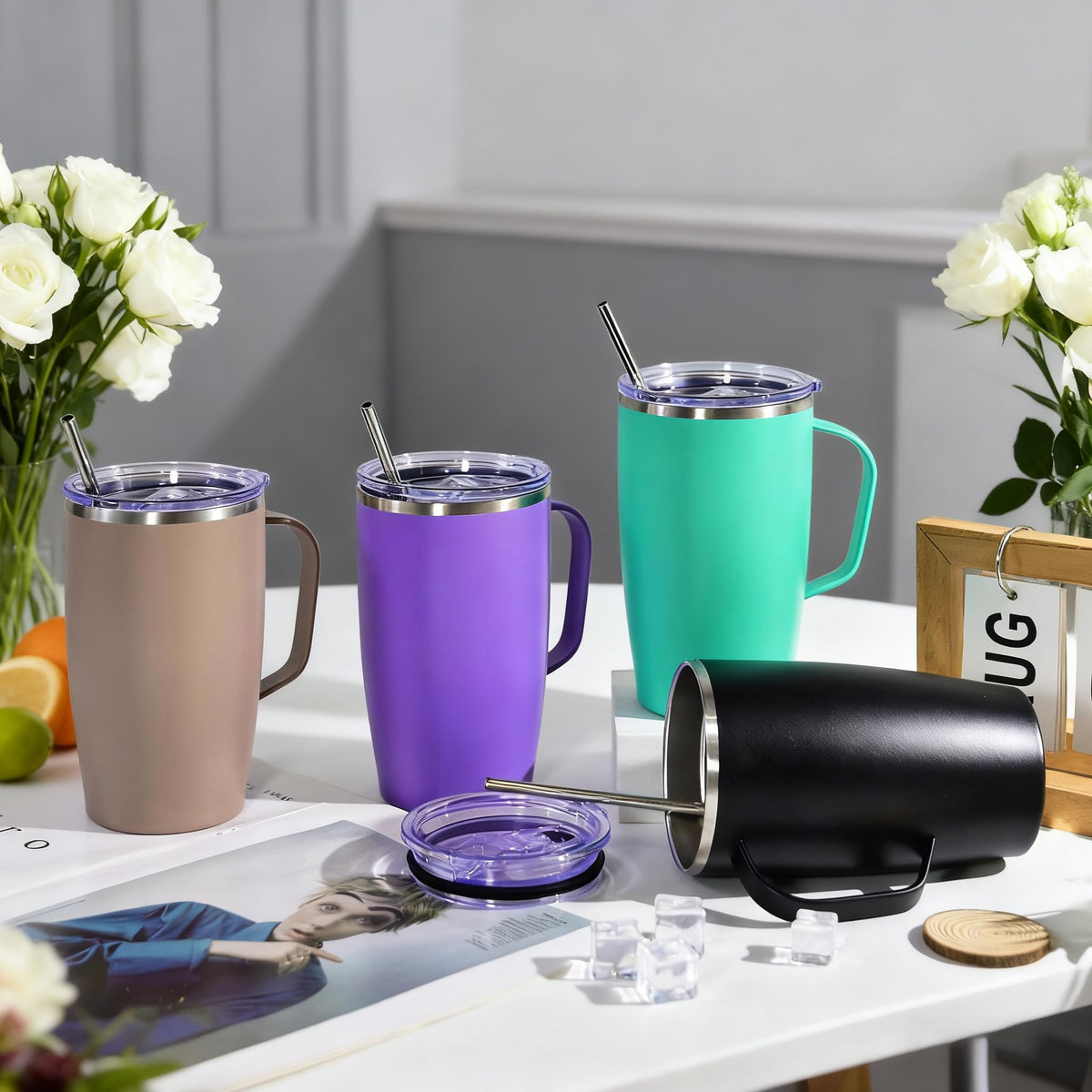 16oz Coffee Mug with Handle, 2Pack Insulated Tumblers with Lid and Straw O328106
