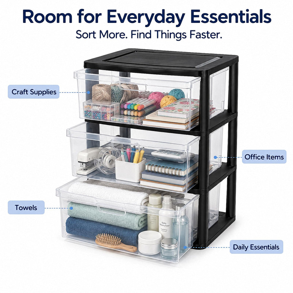 Black 3 Drawer Plastic Storage Tower with Clear Bins O5135