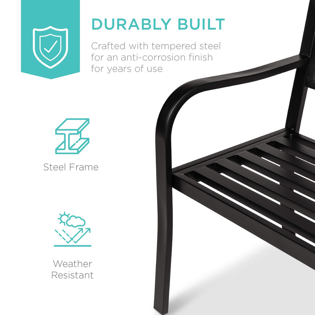 Black Steel Outdoor Garden Bench with Pullout Middle Table E28644