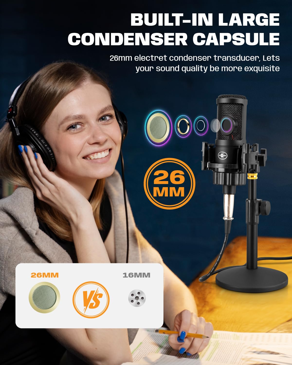 XLR Condenser Microphone with 26mm Large Diaphragm Cardioid Recording Studio Mic Kit C1067