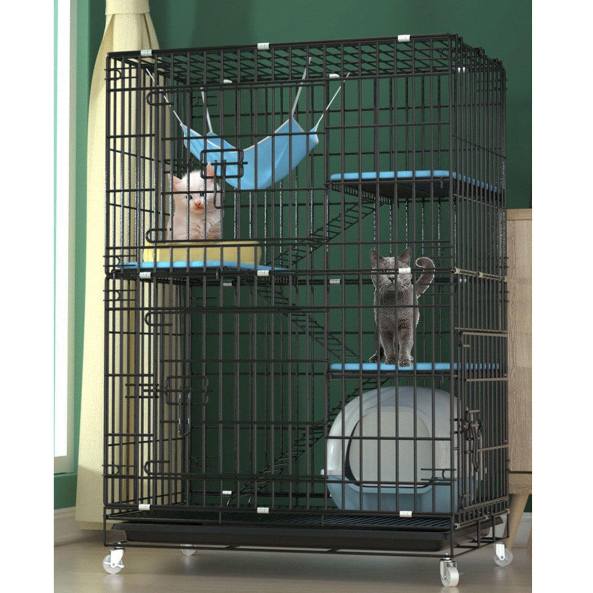 Large Black 4-Tier Folding Metal Wire Cat Cage with Hammock & Ramp Ladders H90467