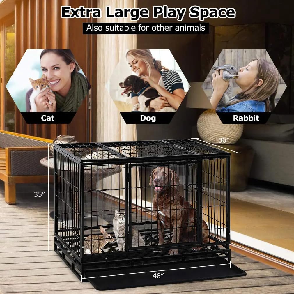 Extra Large Double-Door Heavy Duty Metal Dog Crate (Black, 48 inch) E602