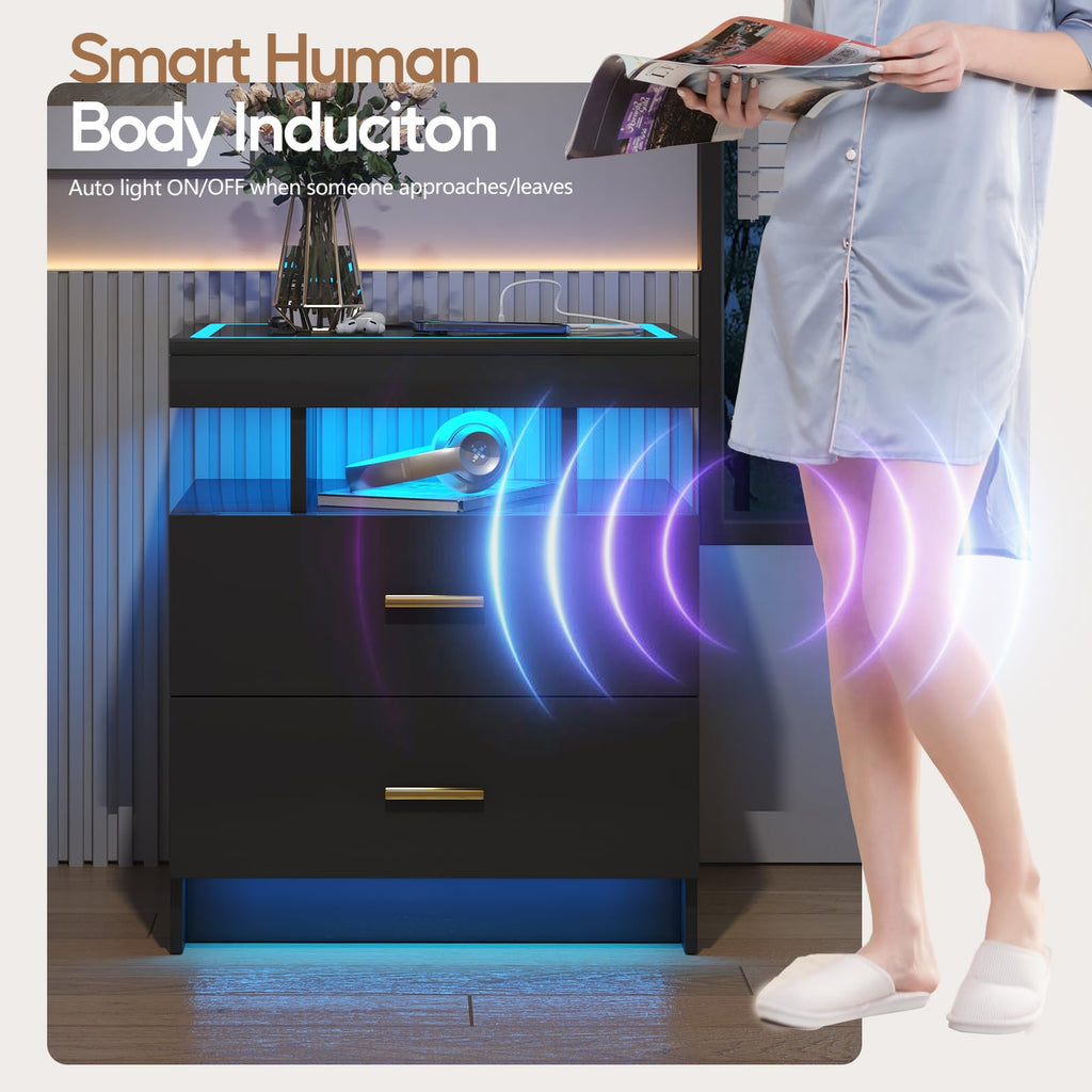 Black LED Nightstand with Wireless Charging Station D7806