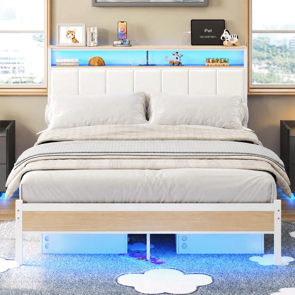 White Full Size Upholstered Platform Bed Frame with LED Lights and Storage Shelf B3924