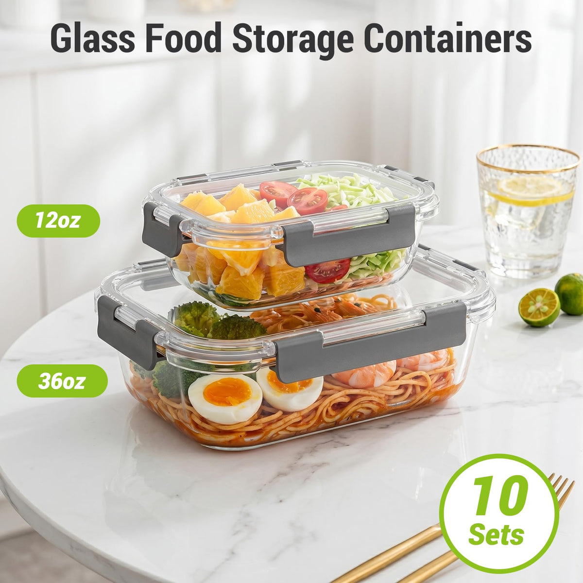 10 Sets 36 oz & 12 oz Glass Food Storage Containers with Lids, Gray C709150