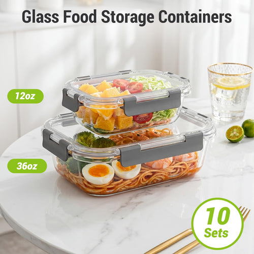 10 Sets 36 oz & 12 oz Glass Food Storage Containers with Lids, Gray C709150