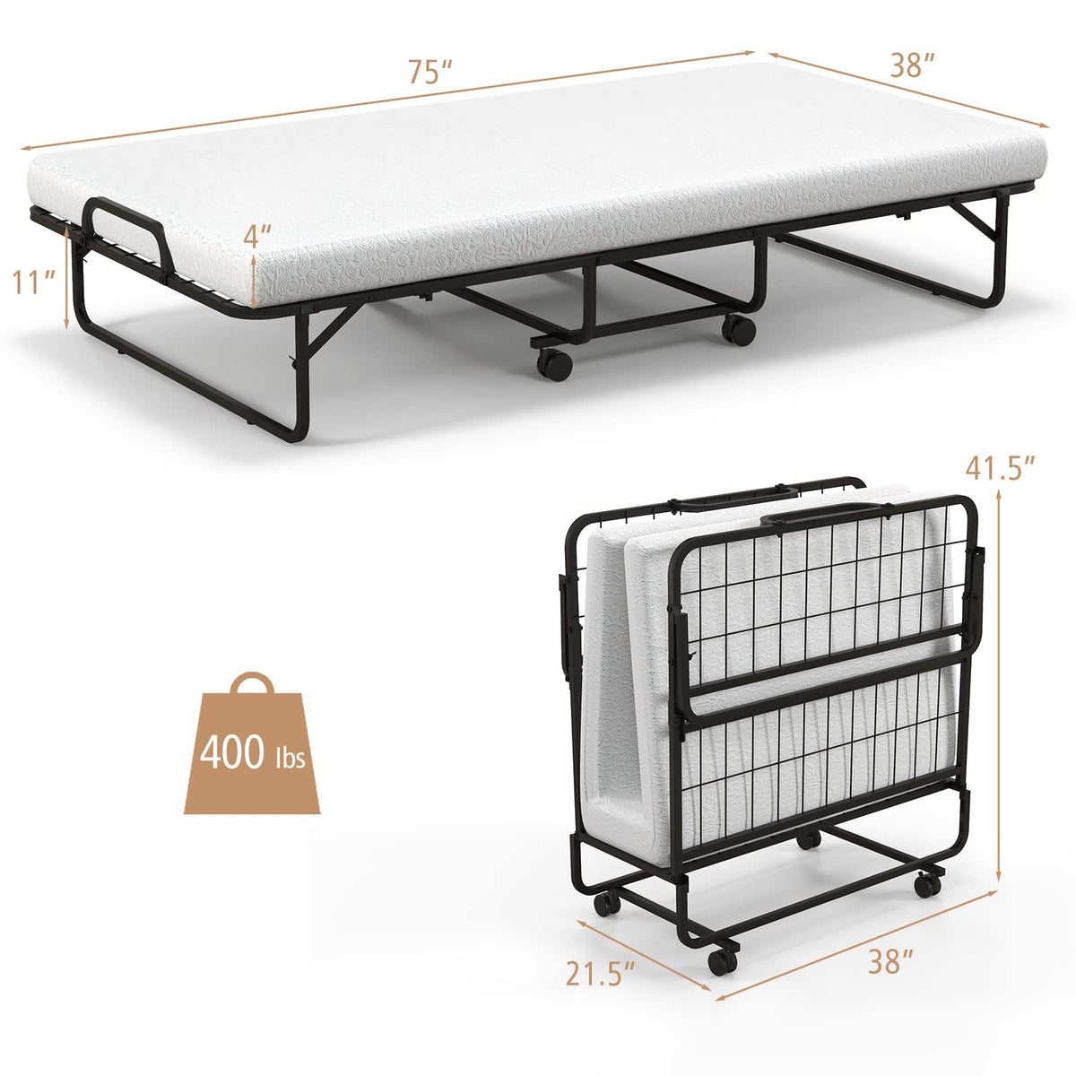 Folding Bed with Mattress Twin Size Metal Frame Memory Foam T2097