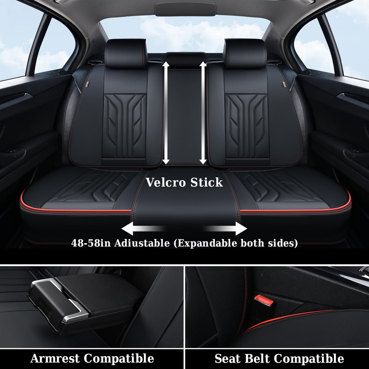 Black & Red Leather Car Seat Covers Full Set C374
