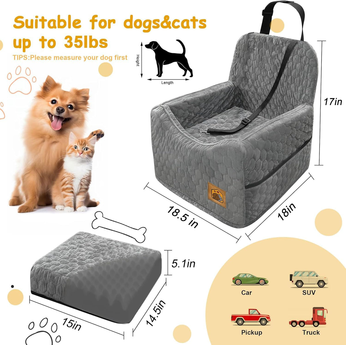 Memory Foam Dog Booster Seat with Washable Removable Cover T466