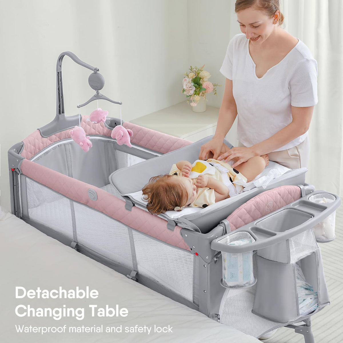 Pink Baby Bassinet Bedside Crib with Mattress E475
