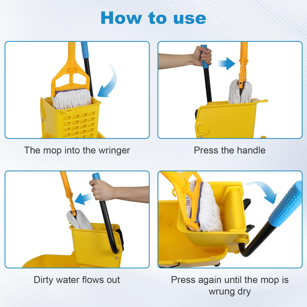 35 Qt Yellow Mop Bucket with Wringer on Wheels and Mops Set A5619
