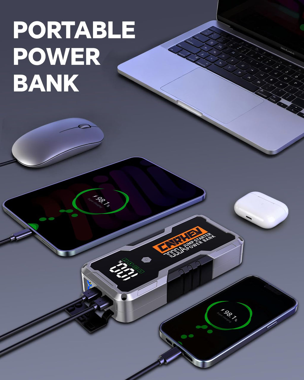 Car Battery Jump Starter Portable 12V with Jumper Cables LED Light Z746