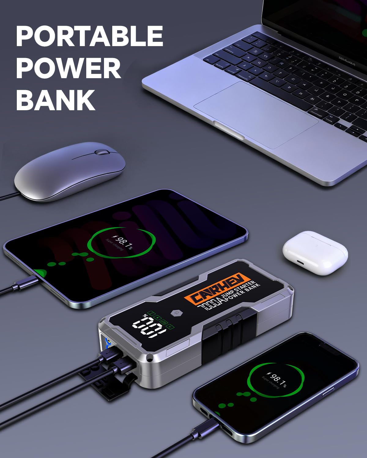 Car Battery Jump Starter Portable 12V with Jumper Cables LED Light Z746