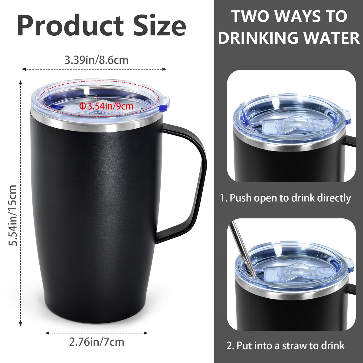 16oz Coffee Mug with Handle, 2Pack Insulated Tumblers with Lid and Straw O328106
