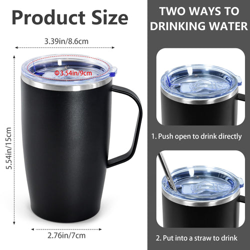 16oz Coffee Mug with Handle, 2Pack Insulated Tumblers with Lid and Straw O328106