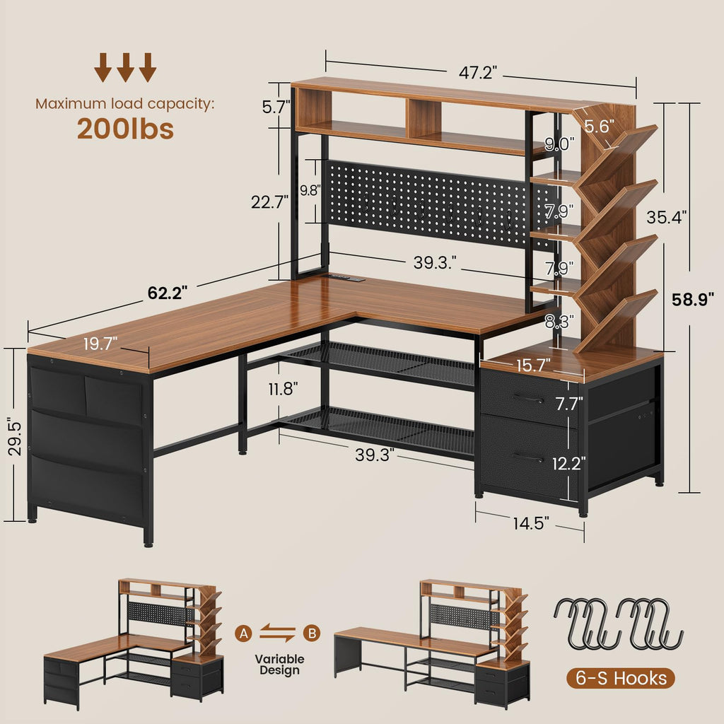L Shaped Office Desk with Drawers and Hutch J9006