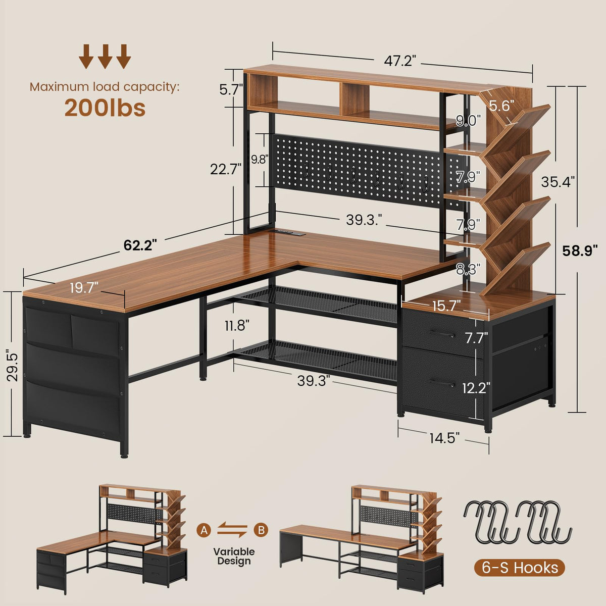 L Shaped Office Desk with Drawers and Hutch J9006