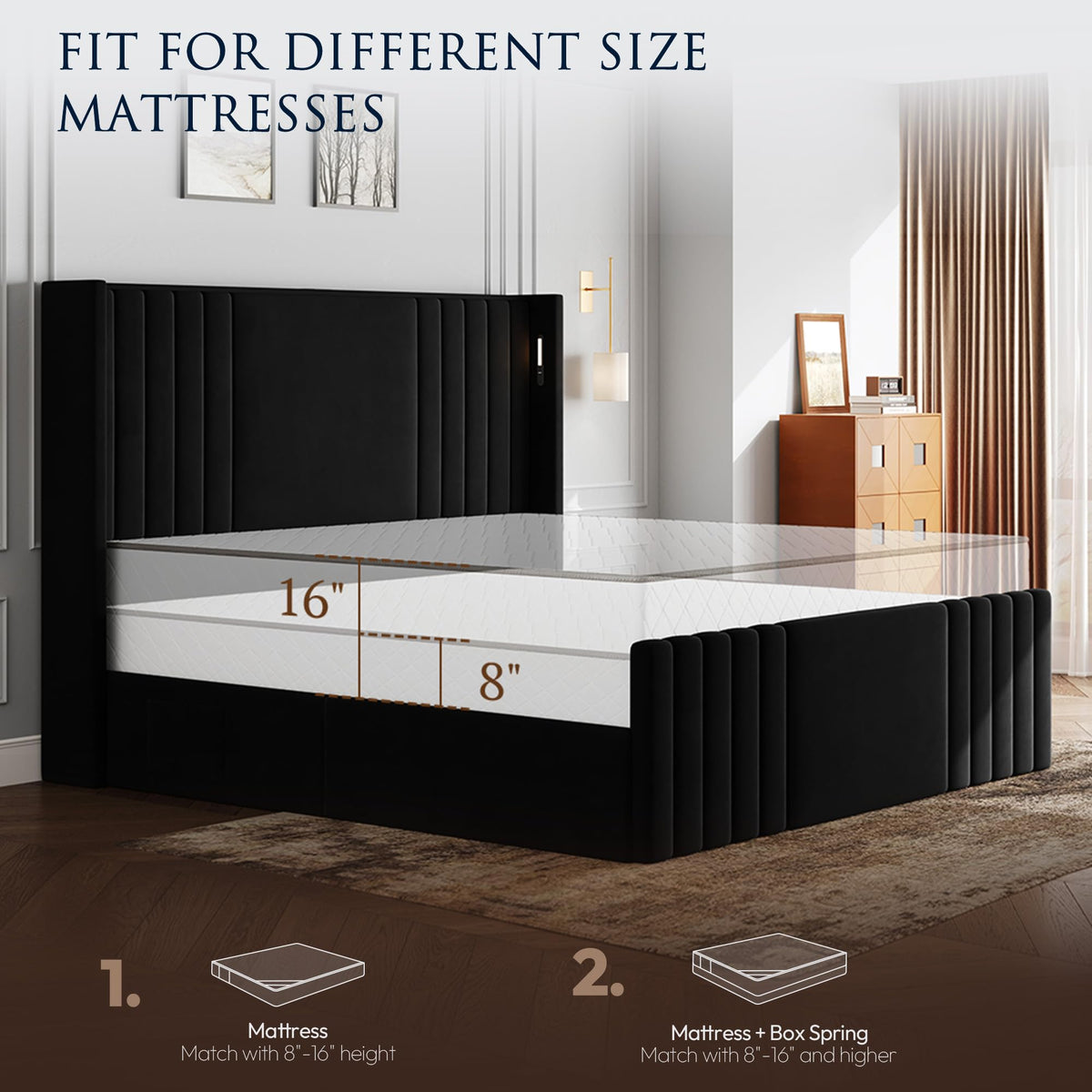 Queen Size Platform Bed Frame with Reading Lights J1907