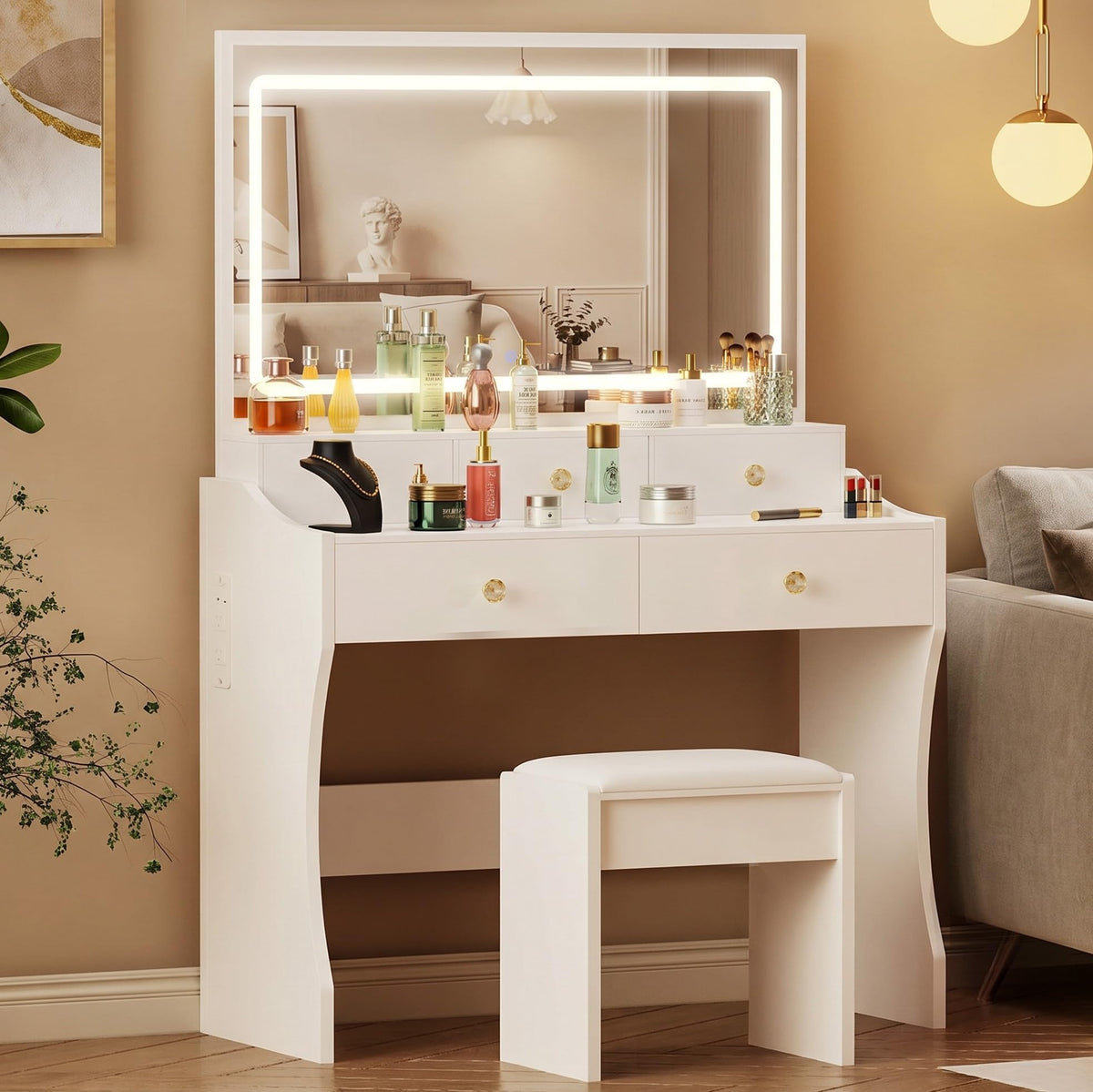 White Vanity Desk with LED Lights Mirror and 5 Drawers D5228