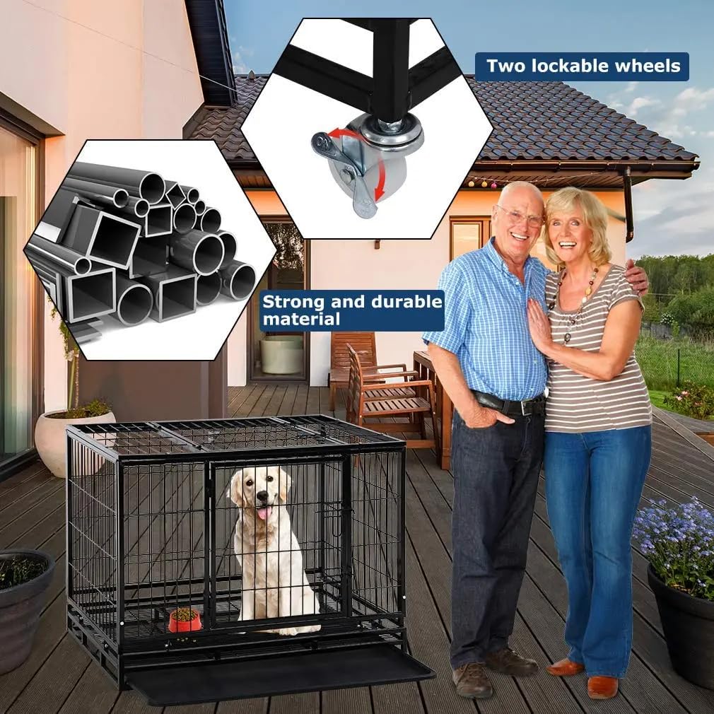 Extra Large Double-Door Heavy Duty Metal Dog Crate (Black, 48 inch) E602