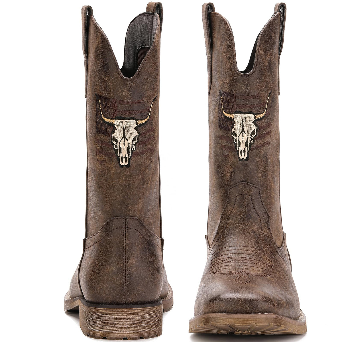 Vintage Distressed Brown Square Toe Mid-Calf Cowboy Boots X736943