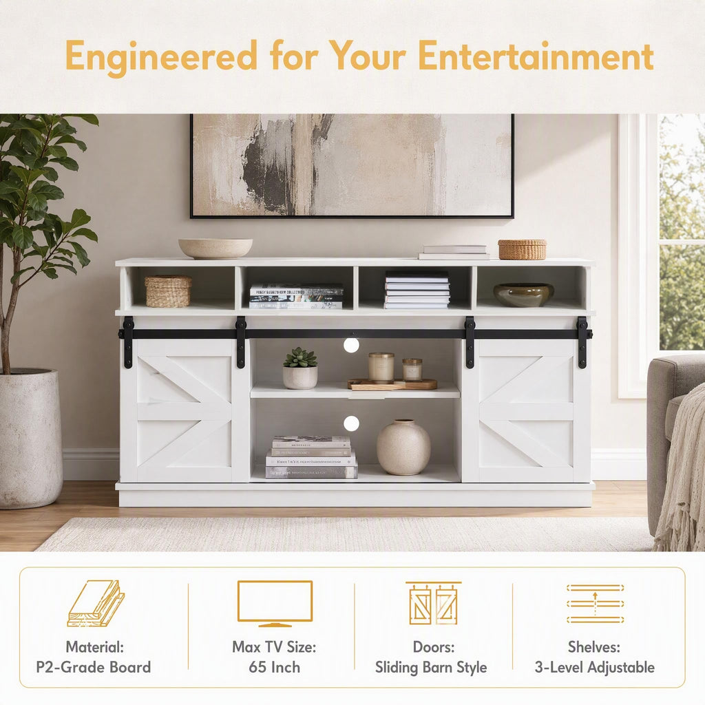 White Farmhouse TV Stand with Sliding Barn Doors C607301