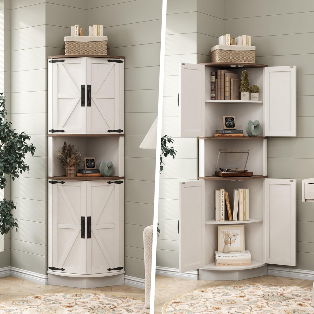 White Tall Corner Storage Cabinet with 4 Doors and 5 Shelves F964471