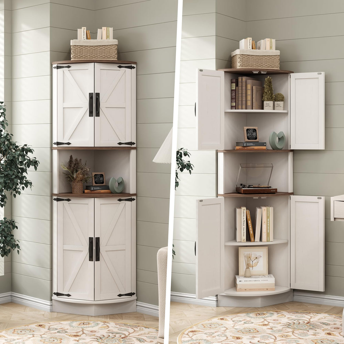 White Tall Corner Storage Cabinet with 4 Doors and 5 Shelves F964471