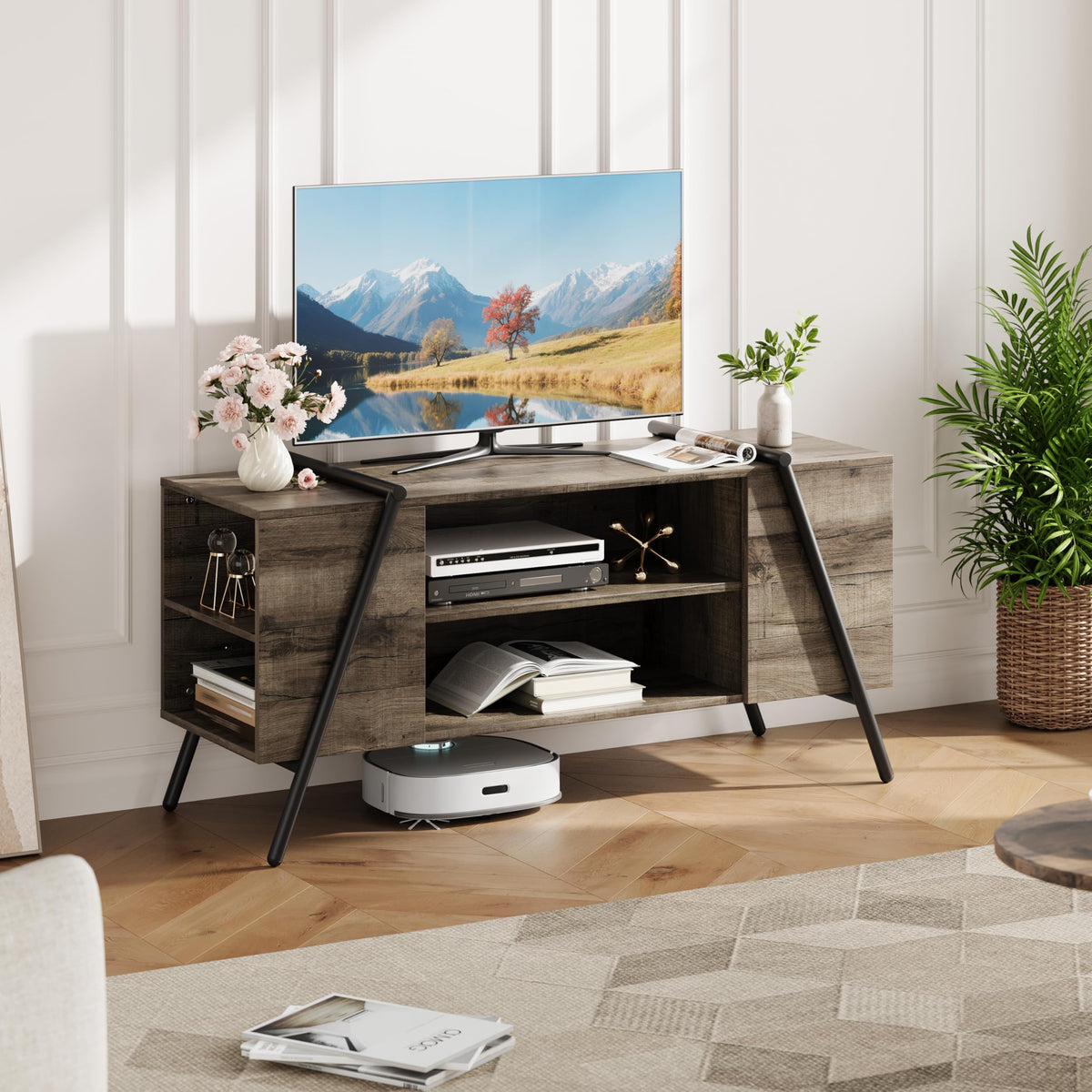 47 Inch TV Stand with Slanted Metal Legs and Adjustable Open Shelf T933