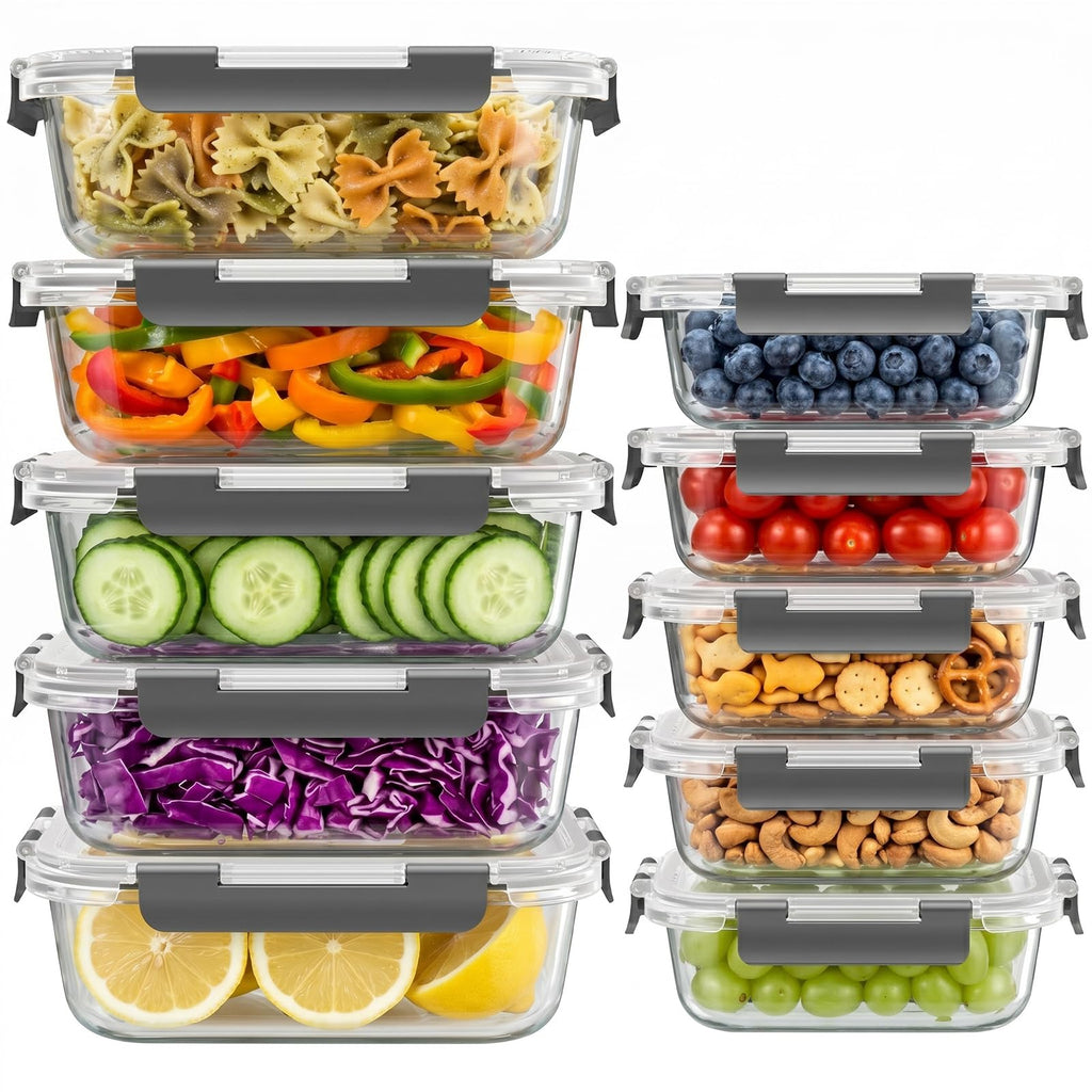 10 Sets 36 oz & 12 oz Glass Food Storage Containers with Lids, Gray C709150