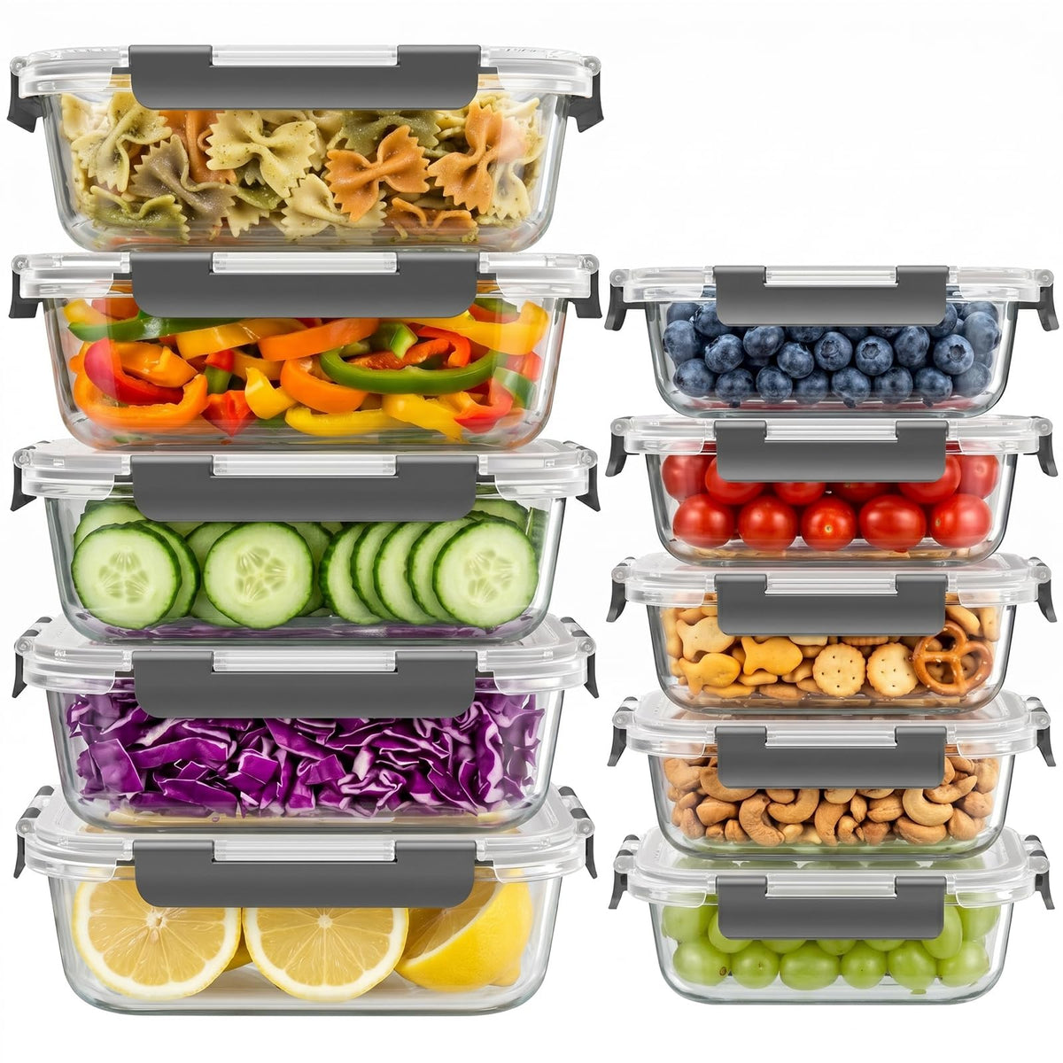 10 Sets 36 oz & 12 oz Glass Food Storage Containers with Lids, Gray C709150
