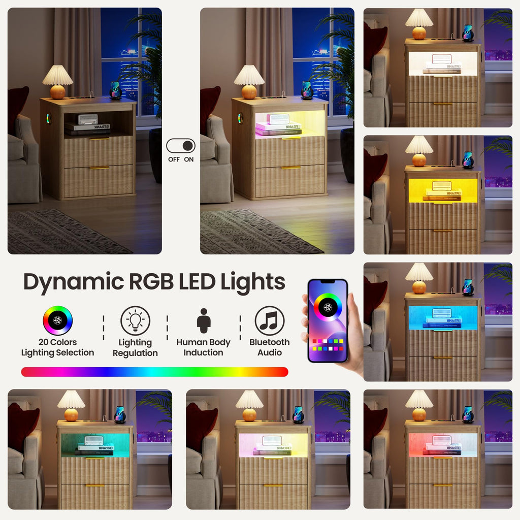 LED Nightstand with Charging Station and 2 Drawers O77578